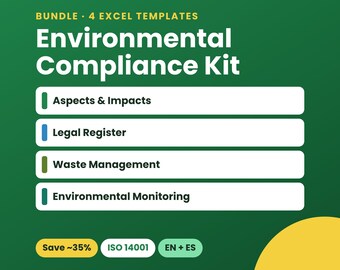 May include: A digital bundle of four Excel templates titled Environmental Compliance Kit. The graphic features white text on a dark green background, listing Aspects & Impacts, Legal Register, Waste Management, and Environmental Monitoring.