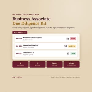 Könnte beinhalten: Ein digitales Dokument mit dem Titel Business Associate Due Diligence Kit, das eine ISO 37001 Risikoregister-Tabelle enthält. Es listet drei Einheiten mit Risikobewertungen von 55, 30 und 13 auf, kategorisiert als hoch, mittel und niedrig.