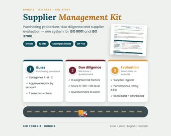 May include: A Supplier Management Kit bundle for ISO 9001 and ISO 37001, featuring three tools, twelve files, and examples. The document outlines purchasing procedures, due diligence with eight risk factors, and supplier evaluation metrics.