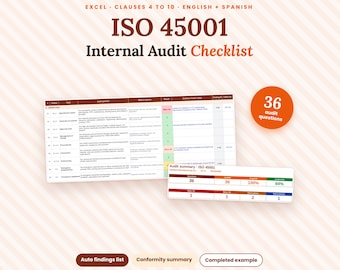 May include: An ISO 45001 Internal Audit Checklist in Excel format, featuring clauses 4 to 10 in English and Spanish. The document includes a 36-question audit list, an audit summary table, and buttons for auto findings, conformity summary, and examples.