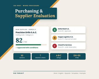 May include: A digital document template titled Purchasing & Supplier Evaluation, ISO 9001 Word Procedure. It displays a supplier score of 82/100 for Precision Drills S.A.C., plus ratings for Delta Steel S.A., Kappa Logistics S.A., and CleanPro Services.