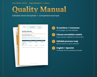 Quality Manual Template Word | ISO 9001 QMS Manual with Process Map, Quality Policy & Clause Matrix | English Spanish