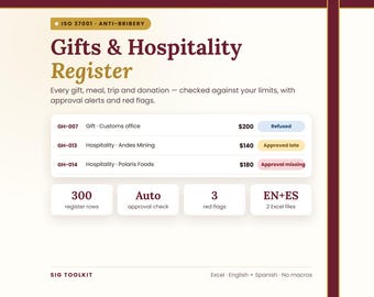 May include: A digital Gifts & Hospitality Register template for ISO 37001 anti-bribery compliance. It displays a table with entries GH-007, GH-013, and GH-014, status indicators, and summary boxes for 300 rows, auto-checks, and 3 red flags.