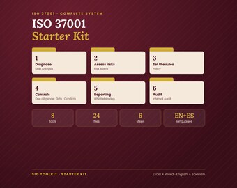 May include: A maroon graphic chart titled ISO 37001 Starter Kit. It displays six numbered steps: 1 Diagnose, 2 Assess risks, 3 Set the rules, 4 Controls, 5 Reporting, and 6 Audit. Below are boxes indicating 8 tools, 24 files, 6 steps, and EN+ES languages.
