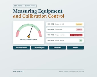 May include: An ISO 9001 Excel tool for measuring equipment and calibration control. The interface displays a gauge for MED-001 error 0.01 mm, and a list of instruments including MED-002, MED-004, MED-009, and MED-016 with status indicators.