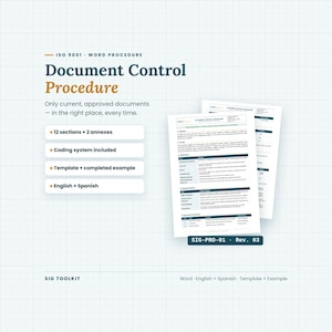 May include: A digital document template titled ISO 9001 Word Procedure Document Control Procedure. It features 12 sections, 2 annexes, a coding system, and is available in English and Spanish. The document includes a template and example.