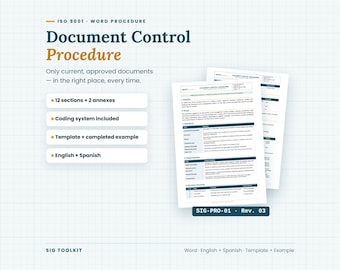 May include: A digital document template titled ISO 9001 Word Procedure Document Control Procedure. It features 12 sections, 2 annexes, a coding system, and is available in English and Spanish. The document includes a template and example.