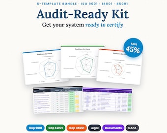 May include: A 6-template bundle Audit-Ready Kit for ISO 9001, 14001, and 45001. The kit includes three radar charts showing readiness by clause and two data tables with status columns. A blue circular badge displays Save 45%.