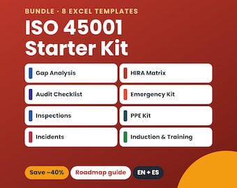May include: A digital bundle of 8 Excel templates titled ISO 45001 Starter Kit. The graphic features a red gradient background with white text listing Gap Analysis, Audit Checklist, Inspections, Incidents, HIRA Matrix, Emergency Kit, PPE Kit, and Induction & Training.
