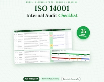 May include: An ISO 14001 internal audit checklist in Excel format, featuring clauses 4 to 10 in English and Spanish. The document includes 35 audit questions, an auto findings list, a conformity summary, and a completed example with data tables.