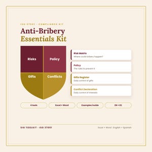 Antikorruptions-Compliance-Kit | ISO 37001 Bestechungsrisikomatrix, Richtlinie, Geschenkregister und Formular zu Interessenkonflikten | Englisch Spanisch