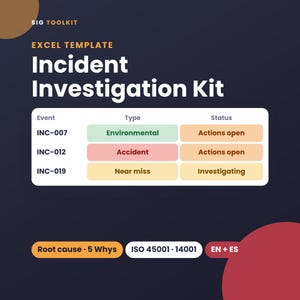 May include: An Excel template for an Incident Investigation Kit featuring a dark background with white text. A table displays event IDs INC-007, INC-012, and INC-019 with color-coded status labels. Includes text: Root cause 5 Whys, ISO 45001 14001, and EN + ES.
