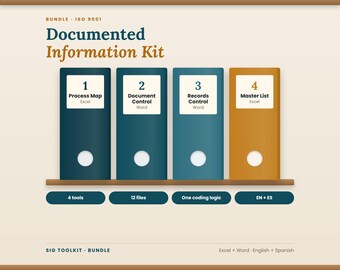 May include: A digital graphic titled Documented Information Kit ISO 9001 featuring four vertical binders in shades of blue and gold on a shelf. Each binder is labelled with a number and category: 1 Process Map, 2 Document Control, 3 Records Control, and 4 Master List.