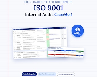May include: An ISO 9001 Internal Audit Checklist in Excel format, covering clauses 4 to 10 in English and Spanish. The document features a table with 49 audit questions, a conformity summary, and an auto findings list, presented on a lined background.