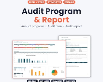 May include: Two digital templates for an Audit Programme and Report in Excel and Word formats. The documents feature charts, tables, and data visualisations for internal audits, ISO 9001, 14001, 45001, and 37001 standards. The layout is clean and professional.