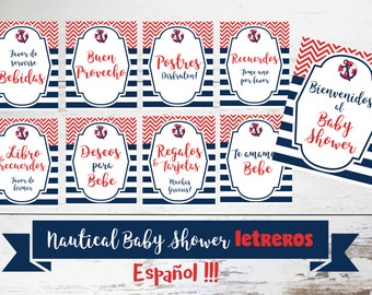 Nautical Baby Shower Printable Sign Set IN SPANISH, DIY Baby Shower Decor for a Nautical Mommy to Be