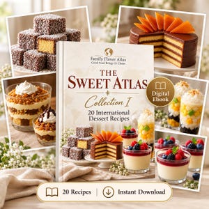 Pode incluir: Um ebook digital intitulado The Sweet Atlas Collection I com 20 receitas de sobremesas internacionais. A capa exibe uma colagem de várias sobremesas, incluindo bolos de esponja cobertos de chocolate, bolo de camadas e parfaits de frutas.