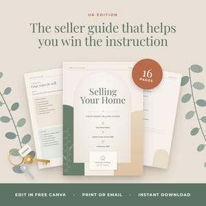 Könnte beinhalten: Eine 16-seitige digitale Vorlage für einen Immobilien-Verkaufsleitfaden in Beige und Grün. Das Deckblatt zeigt den Text Selling Your Home, Your Home Selling Guide und Oakley & Reed Estate Agents. Enthält Innenseiten mit Checklisten.