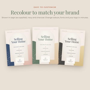 May include: Three vertical document templates titled Selling Your Home, featuring an arched graphic design. Each template displays text fields for family names, addresses, and dates, with a small house icon logo at the bottom and abstract color blocks.