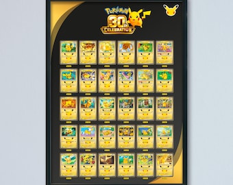 Poster con 30 carte di Pikachu | Celebrazione del 30° anniversario | Download digitale | 20×28 pollici e 20x30 pollici | Versione nera US/EN