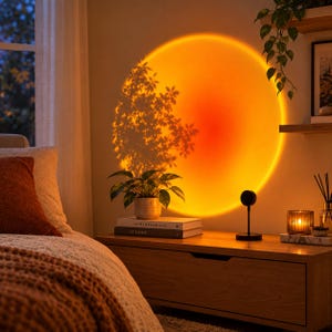 Peut inclure: Une lampe de projection coucher de soleil noire sur une table de chevet en bois projette une grande lumière circulaire orange et jaune sur le mur, créant la silhouette d'une plante en pot. La lampe possède un pied fin et une tête ronde.
