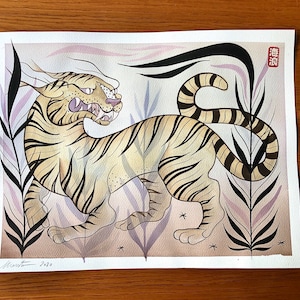 Original painting- Wild Cat - fine art watercolor with wine - wild Tiger
