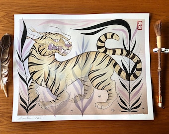 Original painting- Wild Cat - fine art watercolor with wine - wild Tiger