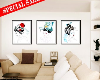 ART PRINTS//Special Sale //three illustration//tiger geisha-Bird geisha-skull geisha// illustration A3