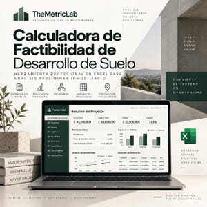 May include: A laptop screen displays a real estate feasibility calculator in Excel, showing project summaries, financial metrics, and charts. The interface includes sections for project inputs, costs, and sensitivity analysis, with text in Spanish throughout.