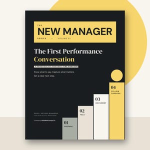 Puede incluir: Una guía rectangular negra titulada The New Manager Series Volume 01 The First Performance Conversation. Presenta un gráfico de barras de cuatro pasos etiquetado 01 Prepare, 02 Talk, 03 Document y 04 Follow Through, con texto para gerentes.