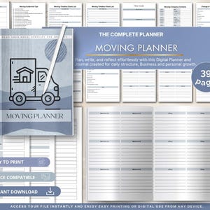 Op de afbeelding: Een digitale verhuisplanner met 39 pagina's, voorzien van een blauwe omslag met een vrachtwagenicoon en de tekst Moving Planner. De lay-out bevat diverse organisatiesjablonen zoals checklists, contactlijsten en inventarispagina's per kamer.