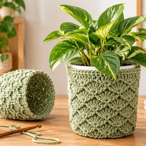 May include: Two sage green crocheted plant pot covers featuring a textured fan stitch pattern. One cover is upright and holds a green and yellow variegated pothos plant, while the other lies on its side next to a ball of yarn and a wooden crochet hook.
