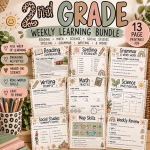 Könnte beinhalten: Ein 13-seitiges, druckbares PDF-Lernpaket für die 2. Klasse mit Arbeitsblättern für Lesen, Mathe, Naturwissenschaften, Sozialkunde, Rechtschreibung, Grammatik und Schreiben. Die Seiten enthalten Übungen zu Pflanzenwachstum und Kartenkunde.