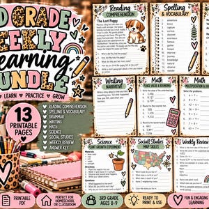 Puede incluir: Un paquete de aprendizaje semanal de tercer grado con 13 páginas imprimibles que incluyen ejercicios educativos de lectura, ortografía, gramática, escritura, matemáticas, ciencias y estudios sociales, decorado con estampado de leopardo y corazones.