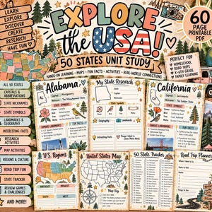 May include: A 60-page printable PDF unit study titled Explore the USA featuring 50 states. The educational material includes state research worksheets for Alabama and California, a U.S. map, a 50-state tracker, and a road trip planner with colourful graphics.