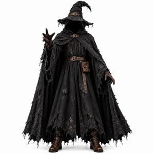May include: A black hooded cloak and matching pointed hat with distressed, frayed edges. The outfit includes a brown leather belt with a small attached pouch, brown leather gloves, and brown lace-up boots. The fabric features visible wear.