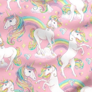 Rainbow Unicorn Fabric Colourful unicorn Fabric by the Metre Fabric for Little Girls 100% Cotton Poplin On Pink 50cm image 1