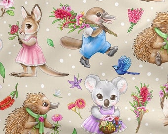 Australian Animal Fabric | Aussie Animal Cute Fabric for Babywear and Kidswear | 100% Cotton Poplin | Beige | 50cm