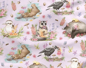 Purple Australian Fairy Friends Fabric | Australian Animals and Fairies Material | 100% Quilting Cotton | Pale Purple | 50cm