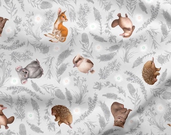Australian Animal Fabric | Cute Baby Animal Fabric | 100% Cotton Quilting Fabric | Small Animal Scatter Print | Grey | 50cm