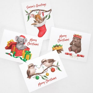 Cute Australian Animal Christmas Cards Set of 4 | Australian Christmas Card Pack | Custom Message Inside | Blank Inside Cards | A6 Size