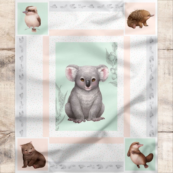 Australian Koala Fabric Panel | Cute Baby Quilt Panel | 100% Cotton Quilting Fabric | Australian Animal Print | 1 Panel