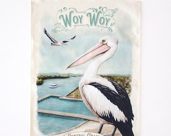 Woy Woy Tea Towel | Pelican | Central Coast Souvenir Dish Cloth by Australian Artist | 100% Cotton Canvas