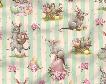 Australian Easter Bilby Fabric | Cute Easter Fabric by the Half Metre | 100% Craft Cotton | Mint Stripe 50cm