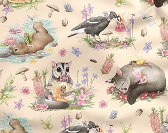 Australian Animals and Fairies Fabric | Australian Animals and Fairy Material | 100% Quilting Cotton | Orange | 50cm