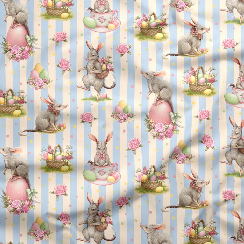 Australian Easter Bilby Fabric Cute Easter Fabric by the Half Metre 100% Craft Cotton Blue Stripe 50cm image 1