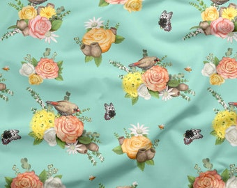 Australian Floral Fabric | Zebra Finch, Roses and Australian Florals | 100% Quilting Cotton | Teal | 50cm