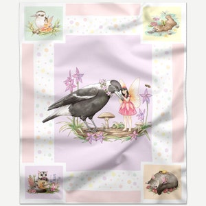 Australian Fairy and Magpie Fabric Panel for Quilt Making | Cute Baby or Girls Quilt Panel | 100% Cotton Quilting Fabric | 1 Panel