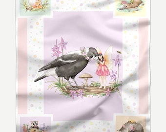 Australian Fairy and Magpie Fabric Panel for Quilt Making | Cute Baby or Girls Quilt Panel | 100% Cotton Quilting Fabric | 1 Panel