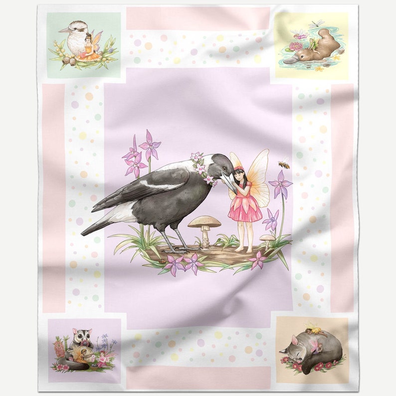 Australian Fairy and Magpie Fabric Panel for Quilt Making Cute Baby or Girls Quilt Panel 100% Cotton Quilting Fabric 1 Panel image 1